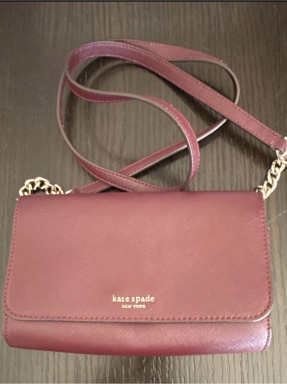 kate spade burgundy leather crossbody with silver chain strap
